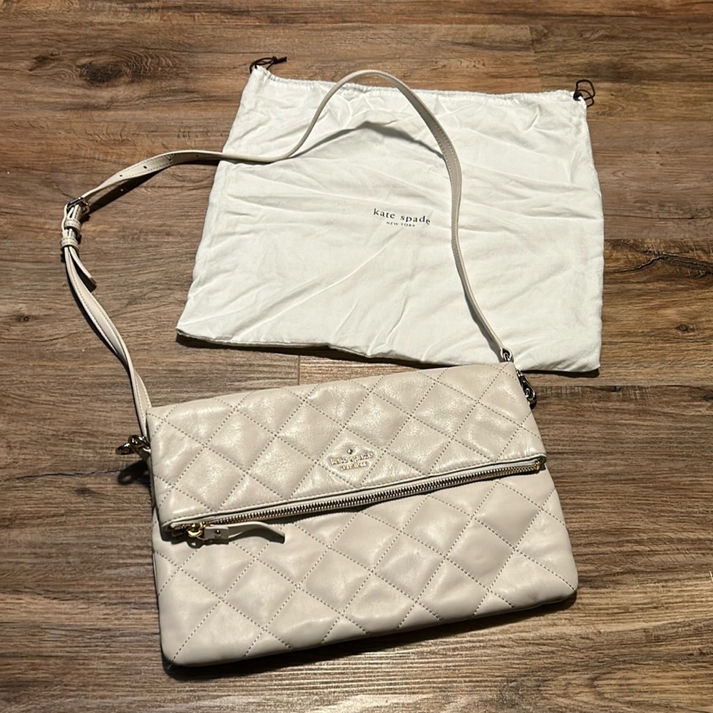 Kate Spade quilted bone white leather fold over handbag in perfect condition!